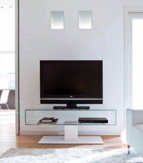 Mueble TV cristal Daniel, cristal transparente con estructura barnizada blanco