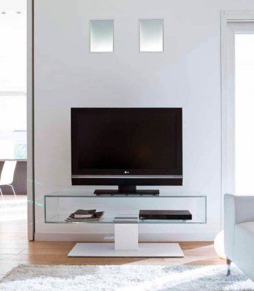 Mueble TV cristal Daniel, cristal transparente con estructura barnizada blanco