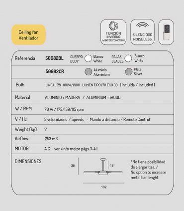 Ventilador de techo blanco con luz 50982, características