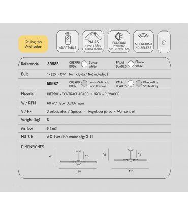 Ventilador de techo moderno con luz 50985, características