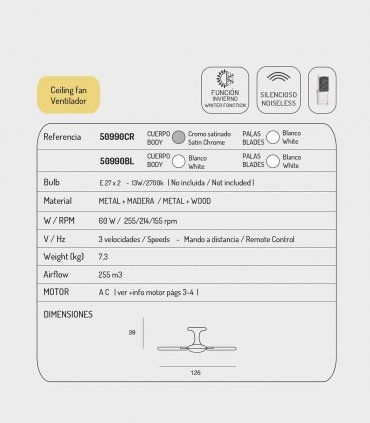 Ventilador techo blanco con luz 50990, características
