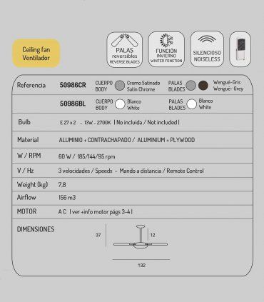 Ventilador de techo blanco con luz 50986, características