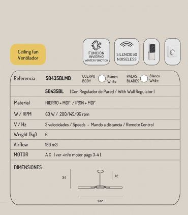 Ventilador techo Palas Reversibles Cerezo, características