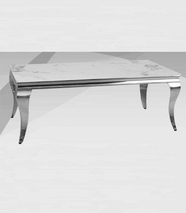 Mesa de centro base acero cromado  porcelánica Corner, cristal blanco