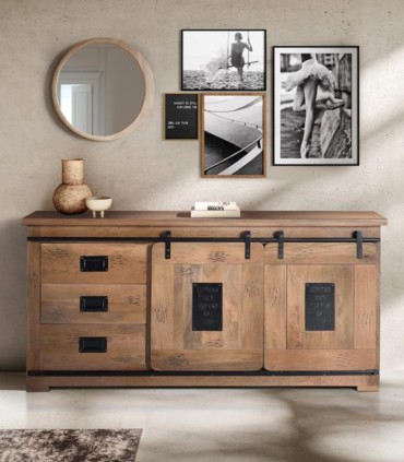 Aparador Industrial de Madera Maciza de Mango con Puertas Correderas