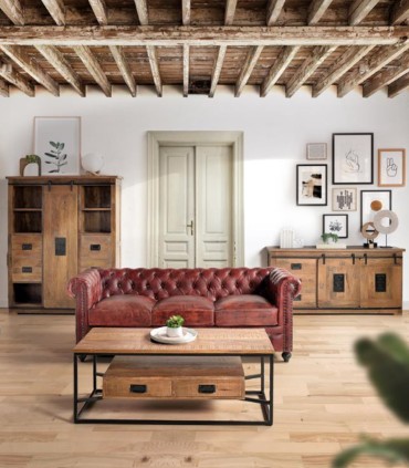 Aparador Industrial de Madera Maciza de Mango con Puertas Correderas
