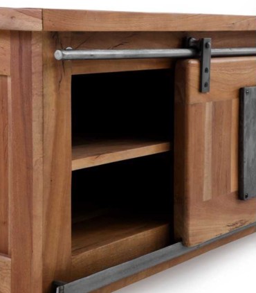 Mueble TV de Madera de Acacia con Puerta Corredera y Cajones Montesa, detalle puerta