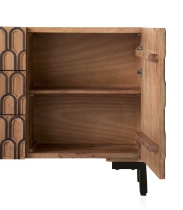 Aparador en Madera de Mango 3 Cajones y Puertas Diseño Geométrico Mateo, abierto