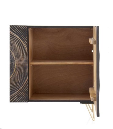 Aparador Negro de Madera de mango con Diseño Radial Dorado y Puertas Enzo, abierto