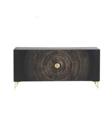Aparador Negro de Madera de mango con Diseño Radial Dorado y Puertas Enzo, frente