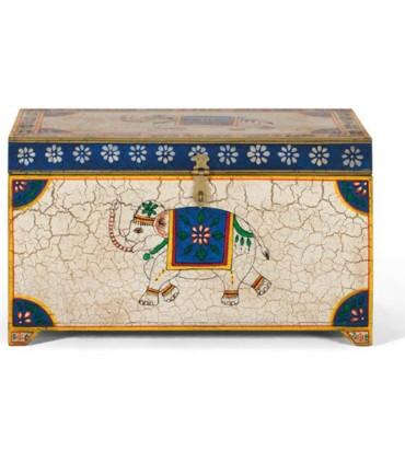 Baúl de Madera Maciza de Mango con Elefante Azul Ganges, frente