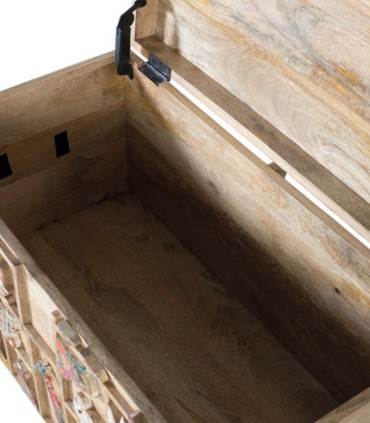Baúl de Madera Maciza de Mango Tallado con Animales Safari, abierto
