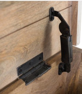 Baúl de madera de mango tallado artesanal estilo oriental Moria, detalle bisagra