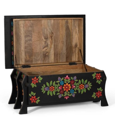 Baúl de madera de mango pintado a mano estilo folk Lidia, abierto