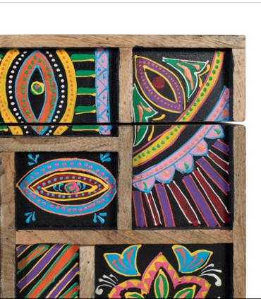 Baúl Artesanal de Madera de Mango con Diseño Étnico Multicolor Loren, detalle