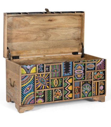 Baúl Artesanal de Madera de Mango con Diseño Étnico Multicolor Loren, aberto
