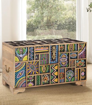 Baúl Artesanal de Madera de Mango con Diseño Étnico Multicolor Loren