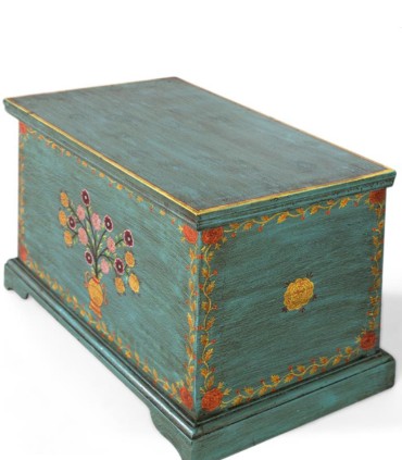 Baúl de Madera de Mango Verde Turquesa con Flores Pintadas a Mano Montelirio, lado