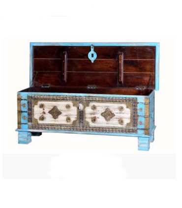 Baúl vintage azul decapado de madera de mango Kunal, abierto