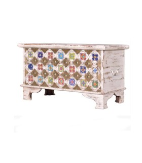 Arcón de Madera Envejecida Estilo Boho Étnico con Gran Almacenaje Yusuf, lado