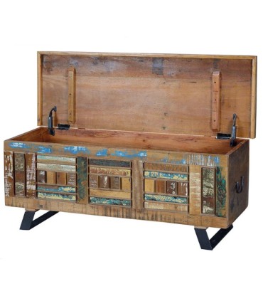Baúl Vintage Industrial de Madera Maciza Reciclada , abierto