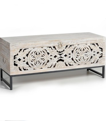 Baúl decorativo blanco con tallados florales en madera maciza Lune, lateral
