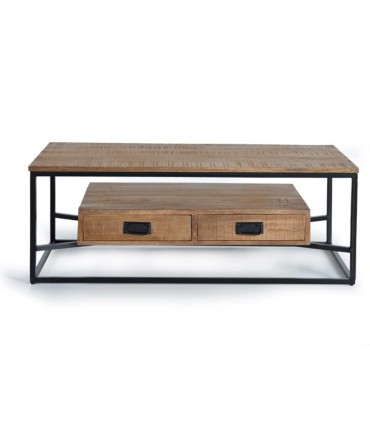 Mesa De Centro Industrial De Madera Con Estructura Metálica Y Cajones Rohan, frente