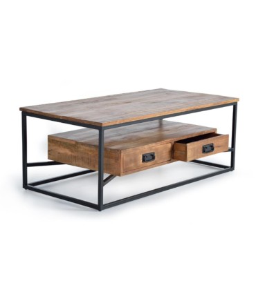 Mesa De Centro Industrial De Madera Con Estructura Metálica Y Cajones Rohan, lateral