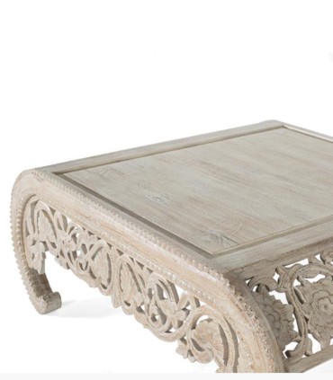 Mesa De Centro De Madera De Mango Maciza Tallada A Mano En Blanco Decapé Valdorian, tapa