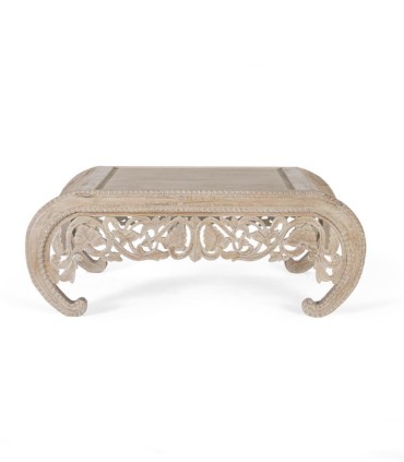 Mesa De Centro De Madera De Mango Maciza Tallada A Mano En Blanco Decapé Valdorian, frente