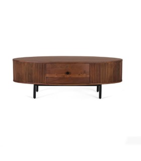 Mesa de Centro Ovalada con Cajón en Madera de Acacia y Patas Metálicas Castrel, frente