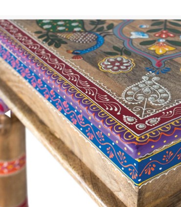 Mesa de Centro Cuadrada Pintada a Mano en Madera de Mango Estilo Étnico Quenel, detalle