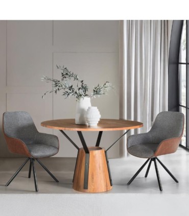 Mesa De Comedor Redonda De Madera De Mango Natural Con Base Industrial Metálica Dravok, ambiente