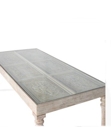 Mesa De Comedor Rectangular De Madera De Mango Tallada A Mano Con Cristal Protector Althior, arriba