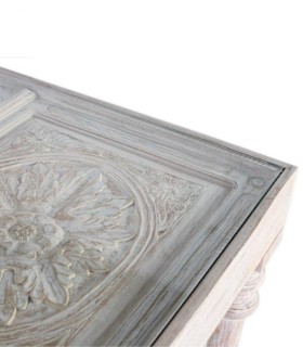 Mesa De Comedor Rectangular De Madera De Mango Tallada A Mano Con Cristal Protector Althior, cristal