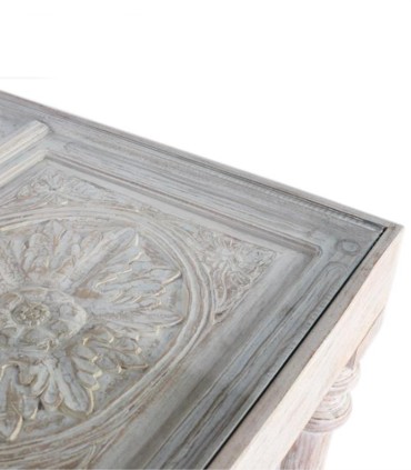 Mesa De Comedor Rectangular De Madera De Mango Tallada A Mano Con Cristal Protector Althior, cristal