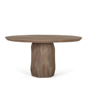 Mesa de Comedor Redonda de Madera Maciza de Mango Natural con Pie Central Esculpido Renata