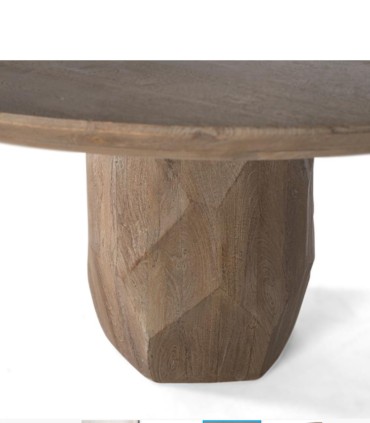 Mesa de Comedor Redonda de Madera Maciza de Mango Natural con Pie Central Esculpido Renata, detall pie