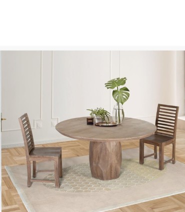 Mesa de Comedor Redonda de Madera Maciza de Mango Natural con Pie Central Esculpido Renata, ambiente