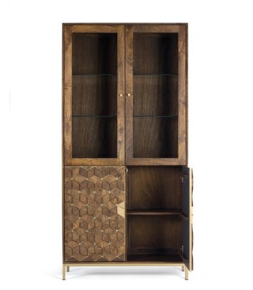 Vitrina de Madera de Mango con Puertas de Cristal y Diseño Geométrico Gaeliano, abierta