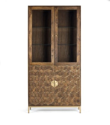 Vitrina de Madera de Mango con Puertas de Cristal y Diseño Geométrico Gaeliano, frente