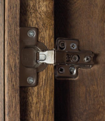 Vitrina de Madera de Mango con Puertas de Cristal y Diseño Geométrico Gaeliano, detalle bisagra