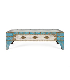Mesa de Centro Rústica Vintage de Madera de Mango con Cristal y Detalles en Latón Azura, frente