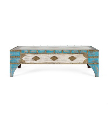 Mesa de Centro Rústica Vintage de Madera de Mango con Cristal y Detalles en Latón Azura, frente