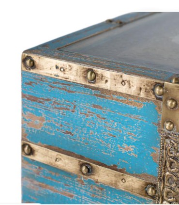Mesa de Centro Rústica Vintage de Madera de Mango con Cristal y Detalles en Latón Azura, detalle esquina