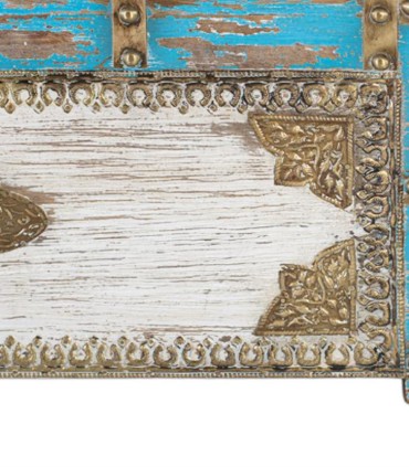 Mesa de Centro Rústica Vintage de Madera de Mango con Cristal y Detalles en Latón Azura, detalle frente