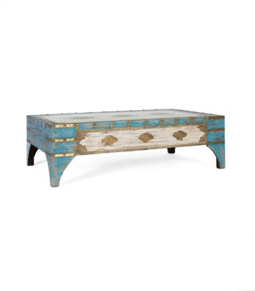 Mesa de Centro Rústica Vintage de Madera de Mango con Cristal y Detalles en Latón Azura, lado