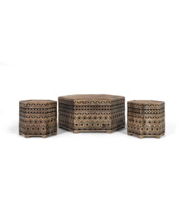 Set Mesa de Centro con 2 Taburetes Hexagonales de Madera de Mango Tallada Tribal, frente