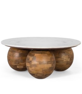Mesa De Centro Redonda Con Tapa De Mármol Y Base De Madera Escultural Leclerc, frente