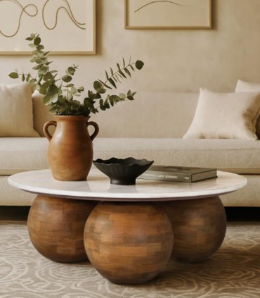 Mesa De Centro Redonda Con Tapa De Mármol Y Base De Madera Escultural Leclerc, ambiente